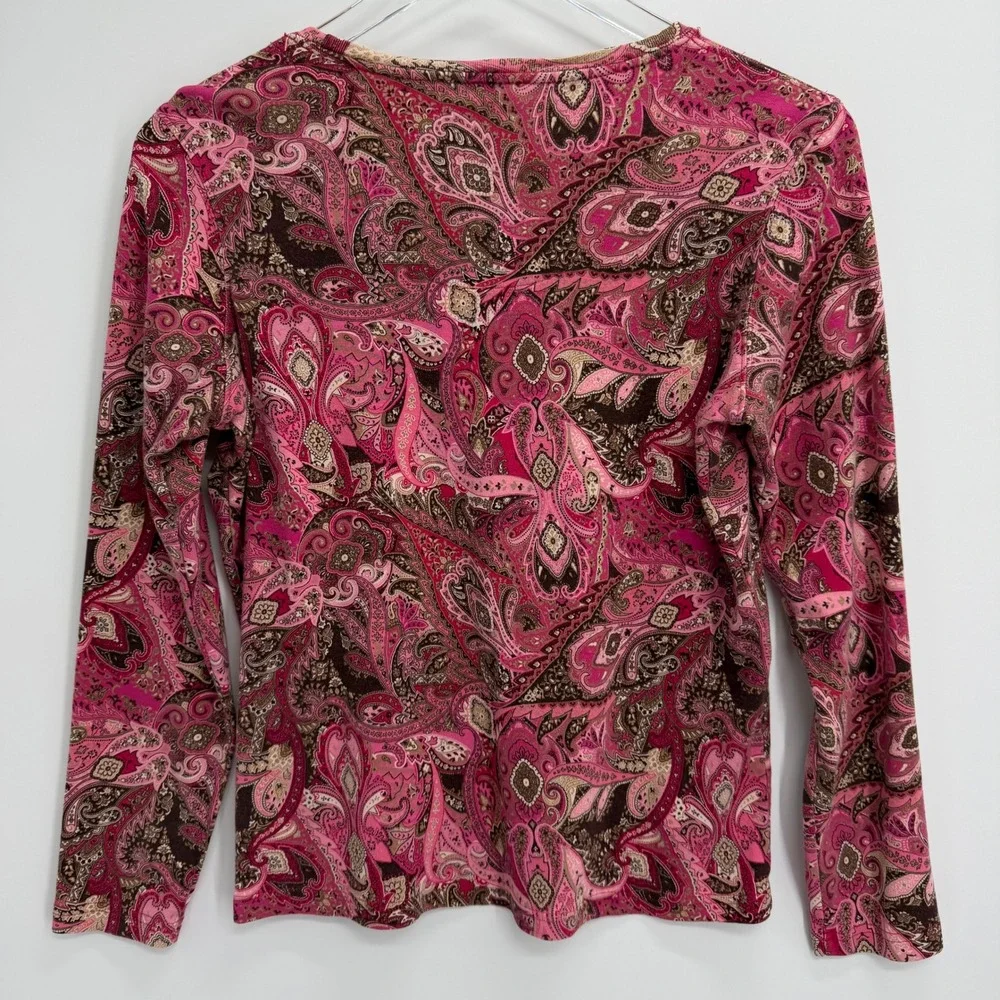 Y2K Pink Brown Paisley Long Sleeve Cotton Top Size S Boho Whimsigoth Hippie - Picture 4 of 9